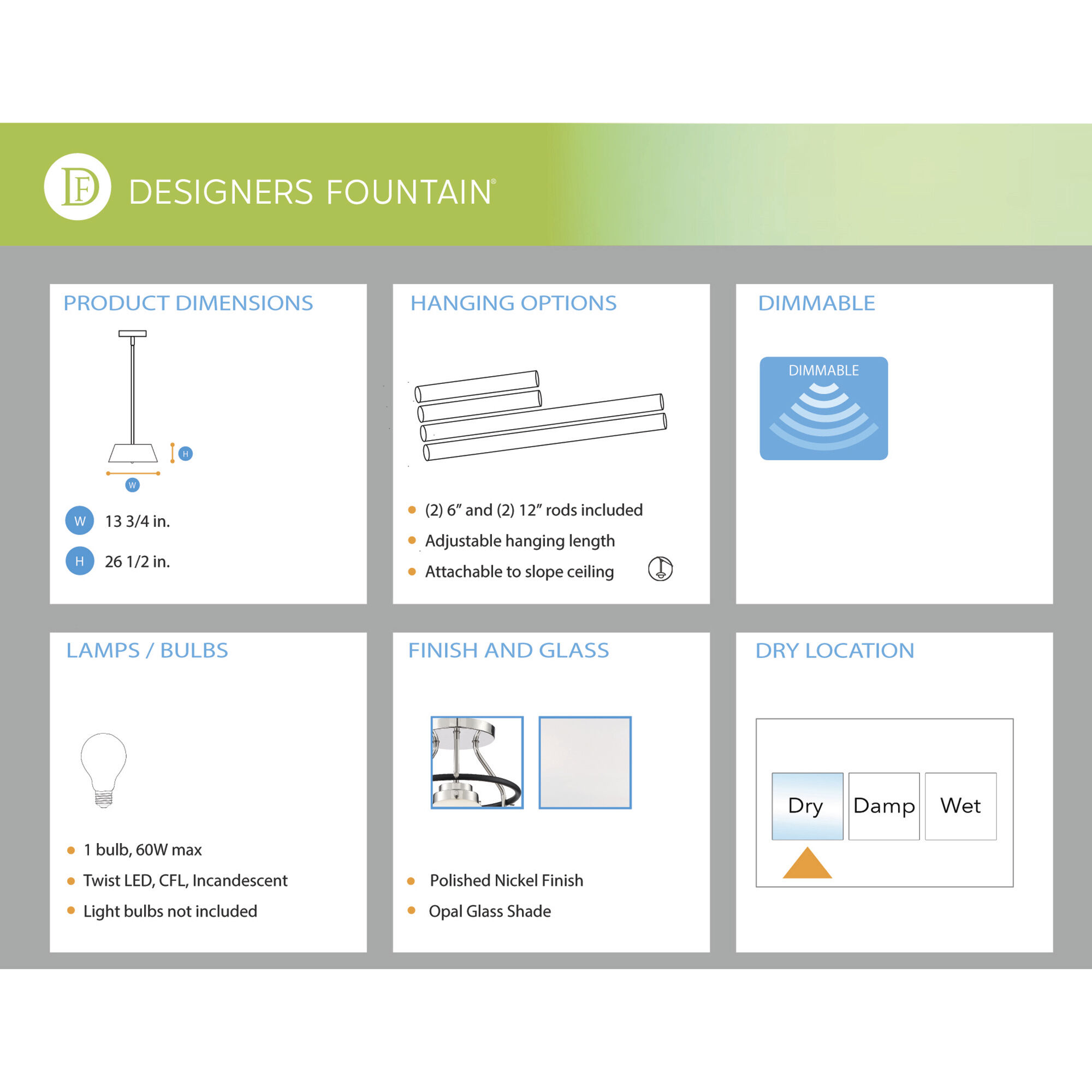 Elle 1 Light 13.75 inch Polished Nickel Pendant Ceiling Light